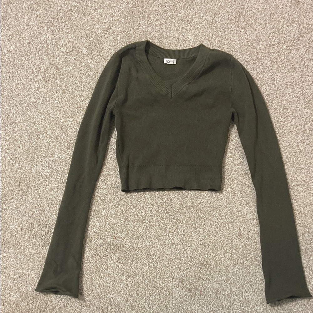 Garage Green Fitted Long Sleeve Crop Top